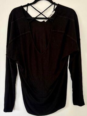 Michael Stars Black Ribbed V Neck Lace Up Long Sleeve Top Y2K Cottagecore Style